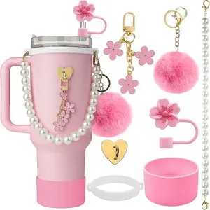 Cute Drinkware Accessories Set for Tumbler without Cup, 7 Counts/set Including Silicone Straw Cover & Heart Sticker & Flower Charm & Pearl Handle Strap & Pom Charm & Rubber Ring & Silicone Boot, Gift for Friend Family