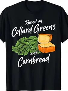 Men's & Women's Southern Food Collard Greens & Cornbread T-Shirt - 220gsm Heavyweight Pure Retro Vintage Tee with Southern Cuisine Graphic, Casual Round Neck Shirt for BBQ, Picnic, Casual Attire