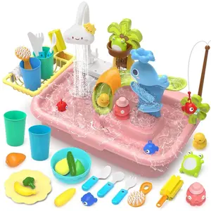Kids Kitchen Sink Toy Set with Running Water, Play Kitchen Accessories, 4-in-1 Kids Kitchen Sink Toy, Electric Circulating Water, Kitchen Washing Up Playset, Pool Toy with Fishing Game, for Toddlers Boys Girls (Batteries Not Included)