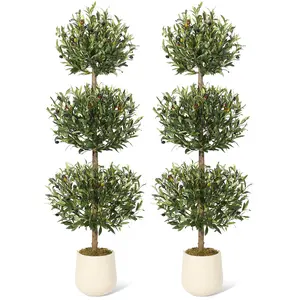 2PCS 59 Inch Artificial Ball Topiary Olive Tree, Fake Green Realistic Potted Olive Plant with Olives, Moss Decor Bag, White Pot, Indoor Outdoor Artificial Plants for Porch Living Room Decorative Faux Fruit Plastic Nature Ornaments