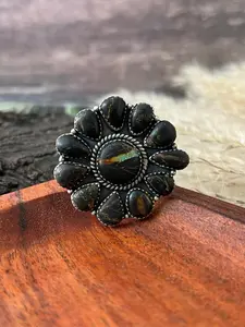 Handmade Sterling Silver Blackjack Turquoise Adjustable Ring "Signed Nizhoni"