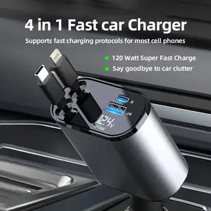 JOYTUTUS 120W Retractable 4-in-1 Car Charging Cable & 4-Port Adapter for iPhone Galaxy Pixel Safe Reliable Car Plug Carcharger with Dual Type-C Cables and Ultra-Fast Charging for Laptops
