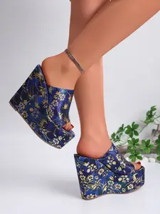 Women's Blue Gold Floral Satin Thick Sole Wedge Sandals, Open-Toe High Heel Mules, Fashion Square Toe Flatform, Medium Width
