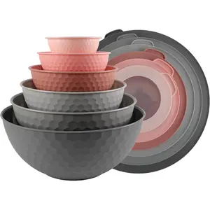Mixing Bowls  Lids - 12 count Plastic Nesting Bowls Set includes 6 Prep Bowls and 6 Lids, Non Slip Bottom and Embossed Design - Microwave Safe (Pink)