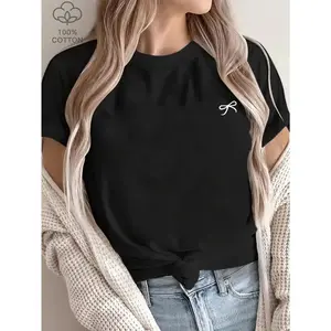 Women's Casual Short Sleeve T-Shirt - 100% Cotton Butterfly Top with Bow Detail, Black & White Contrast Design, Medium Elasticity, Machine Washable for Spring/Summer, Cute Short Sleeve Tops, Summer Clothing