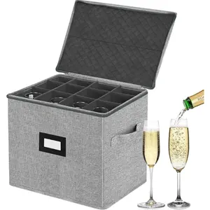 Champagne Flute Storage Box with Dividers, Champagne Glass Storage Container, Hard Shell Stemware Storage Case Organizer for 12 Crystal Champagne Flutes Storage and Organization (Grey)