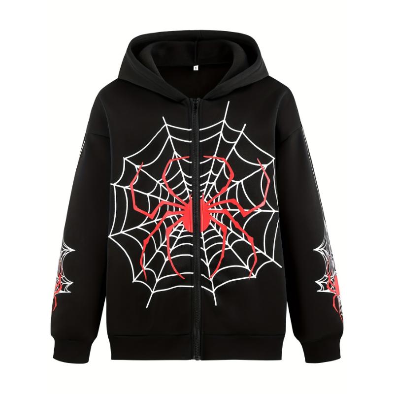 Women's Y2K Spider Web Print Zip-Up Hoodie Jacket - Vibrant Red Geometric Pattern, Long Sleeve Machine Washable Fall Casual Streetwear, Spider Hoodie, Seasonal Clothing, Bold Design, Quality Stitching, Statement Piece, Fashion Enthusiasts