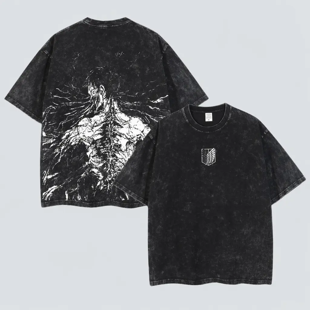 Men's Classic Pre-Washed Premium Cotton "The Founding Titan" Eren Yeager Short Sleeve Tee - Attack on Titan Anime Shirt, Double Printed Acid-Washed Relaxed Cut Unisex Crewneck, Casual Streetwear, Perfect Gift, Graphic Crew