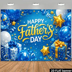 2D Flat Father's Day Blue Starry Sky Backdrop with "HAPPY Father's DAY" in White, Golden Trophy, Blue Striped Tie, Blue Gift Box, Golden Star Balloon, Blue Balloon, White Balloon, Blue and White Striped Party Hat, Blue and White Striped Garland