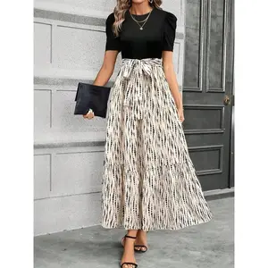 Women’s patchwork print skirt, casual round-neck skirt for daily wear and holidays/vacations, ladies’ clothing for spring and summer