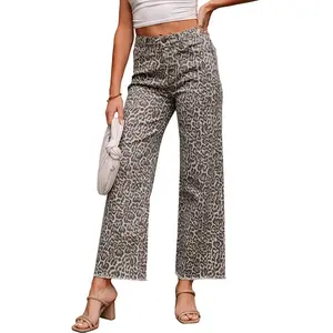 Wide Legs Women Fashion High-rise Leopard leopard Andkle Length Stretched Jeans with Pocket