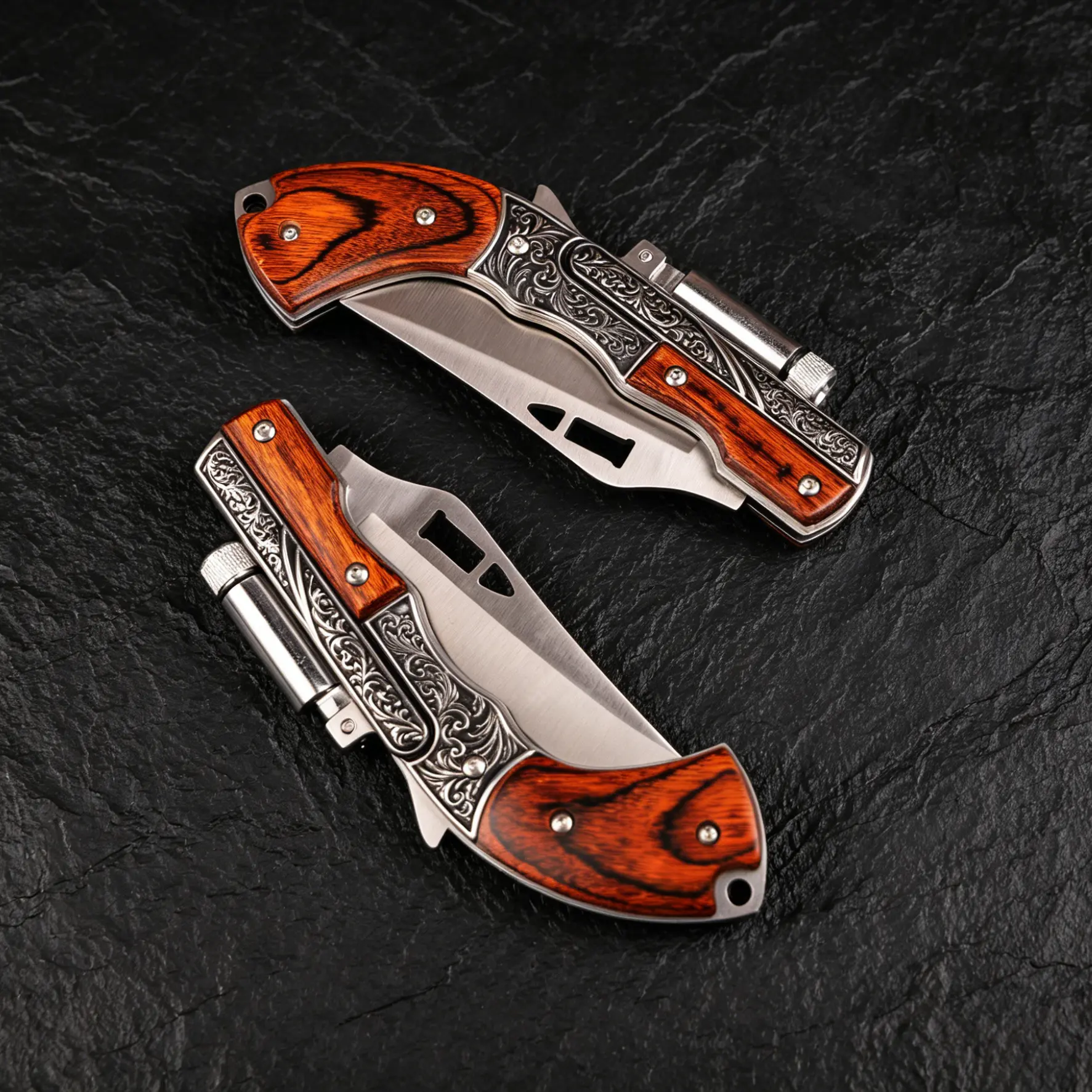 Pocket Size Folding Knife with a Wooden Handle, Stainless Steel Blade with Decorative Carving for Camping and Hiking, Camping Knives, Portable Multipurpose Knives