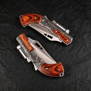 Compact stainless steel folding knife, wooden handle, steel carving craftsmanship, barbecue, camping, picnic