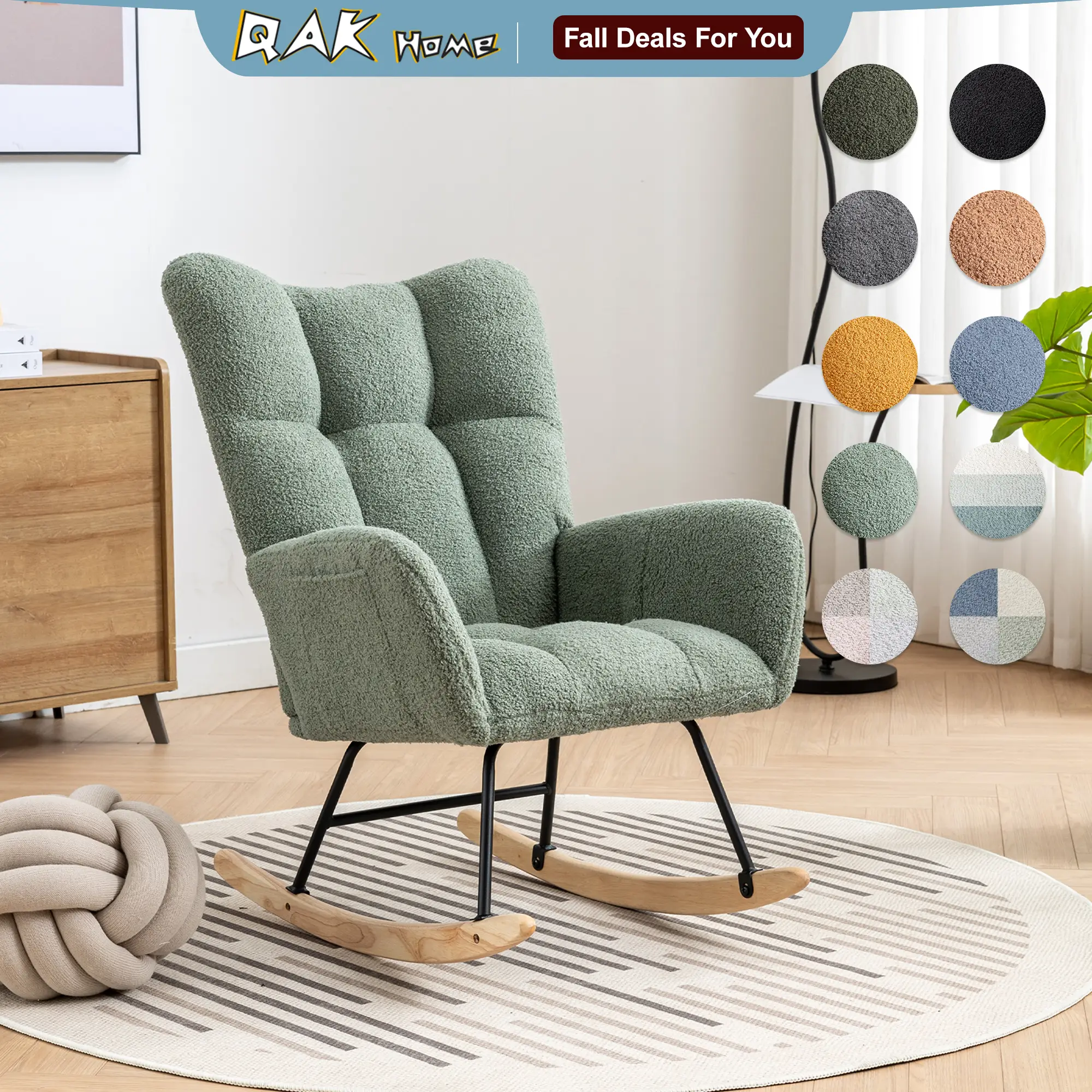 QAK Teddy Fabric Rocking Chair with Pocket, Soft Rocking Chair for Nursery, Comfy Wingback Golider Rocking Chair with Safe Solid Wood Base, Living Roo