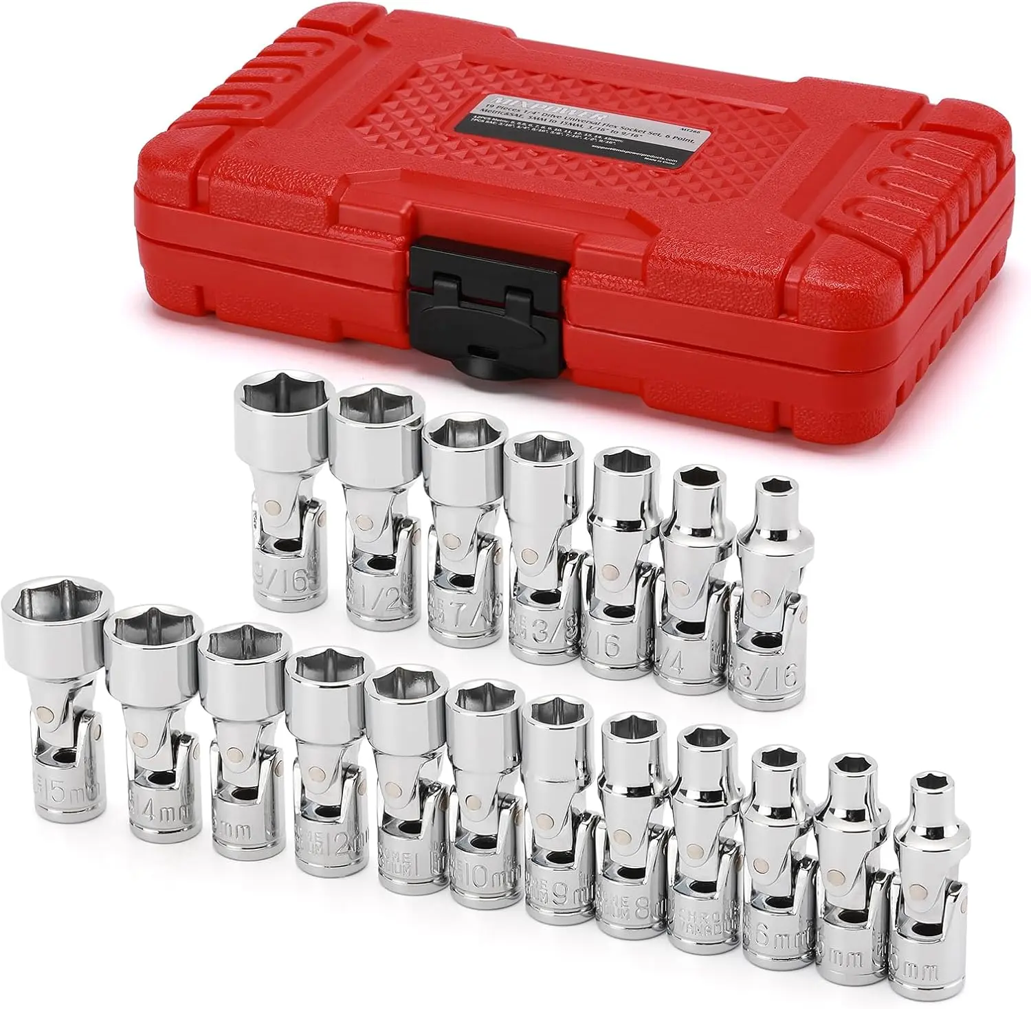 19- 1/4" Drive Universal Joint Socket Set, 6 Point, SAE & Metric, 5-15mm, 3/16"-9/16", Swivel Socket with Flexible Wobble, CR-V Impact Grade