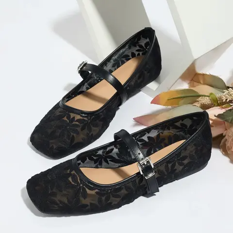 【Black Friday】Women's Elegant Floral Lace Ballet Flats, Casual Square Toe Flat Shoes for Summer, Lightweight Breathable Comfortable Shoes for Daily Wear