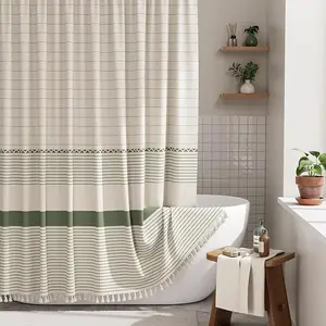Bohemian style shower curtain modern farmhouse style tassel shower curtain set, rural style green striped shower curtain with hooks Waterproof Quick Drying Machine Washable Home Bathroom Decor Shower Curtain Sets for Bathroom