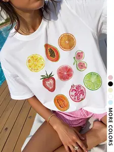 Women's Fruit Print Round Neck Tee, Casual Breathable Short Sleeve Crew Neck Loose Fit T-shirt for Daily Wear, Ladies Clothes for All Seasons, Top, Knit, Summer