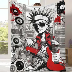 Punk Rock Flannel Blanket, Guitar Graffiti Print, UltraSoft, Lightweight, AntiWrinkle, Perfect for Music Room, Studio, Dorm, Living Room Decor, Gift for Musicians, Housewarming present, Birthday Surprise, Cozy Nights.