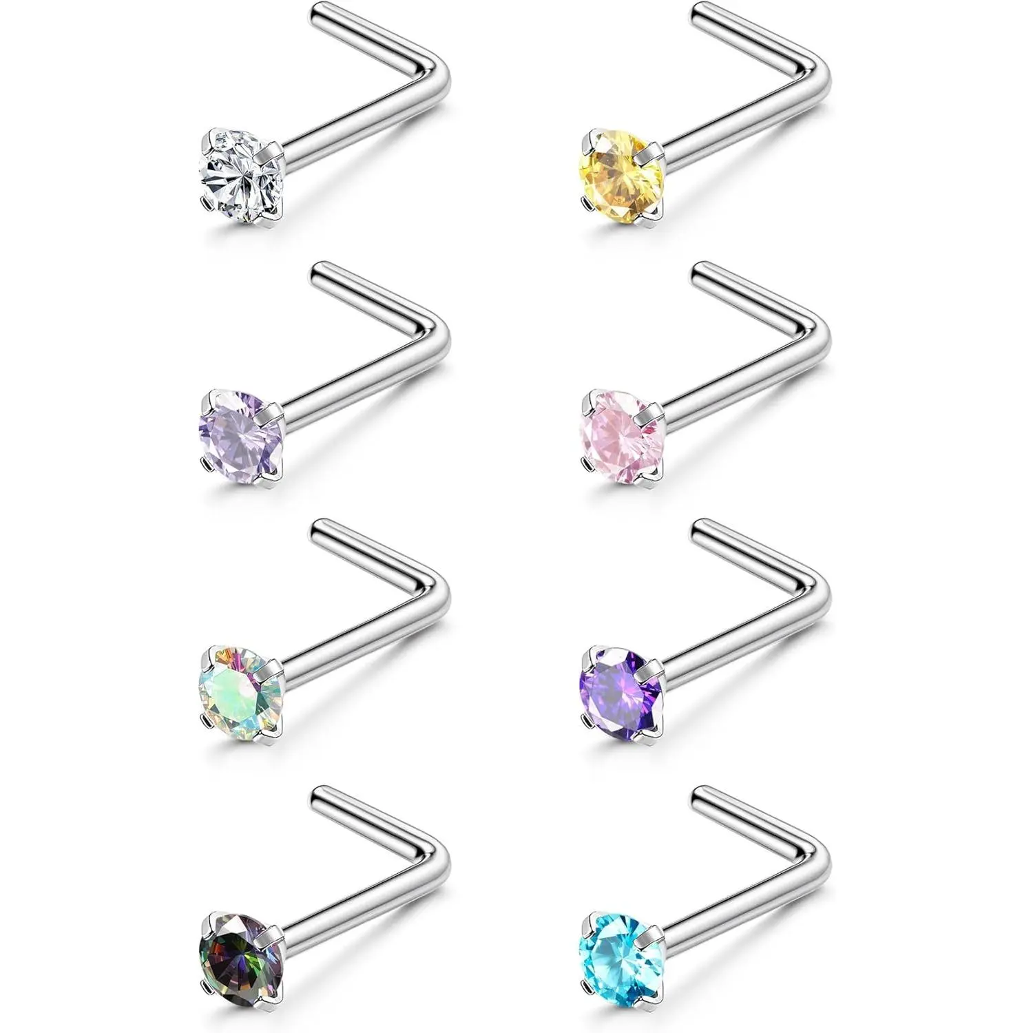 YADOCA  8PCS Nose Rings Studs Titanium Nose Rings CZ Opal L Shaped Screw Studs Rings for Women Nose Screw Studs 18G/20G Samll Nose Stud Corkscrew Nose Rings Piercing Jewelry, 2mm