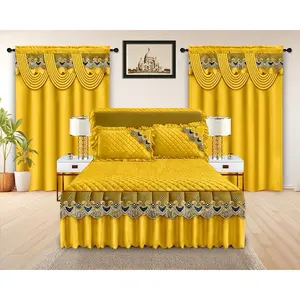 5 Pieces Bedroom Set with 2 Curtains 1 Sheet & 2 Pillowcases in Vibrant Yellow Color for Home Decor