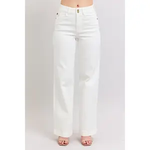 Judy Blue High Waist Double Button Waistband & Coin Pocket Embroidery White Wide Leg Denim Jeans 88969 Pants Stretchy