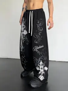 Men's Casual Sport Pants, Gothic Print Design, Drawstring Waist, Loose Fit, Breathable Pattern, Wide Leg Fitness Sweatpants, Sports Casual Pants, Tracksuit Bottoms