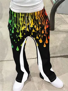 Men's Vintage Ink Print Loose Bell Bottoms, Drawstring Sport Pants, 3D Soft Breathable Fabric, Casual Fashion for All Seasons, Sports Casual Pants