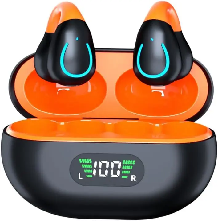 YYK-Q71 Wireless Bluetooth Clip-On Ear Hook Earbuds with Charging Case, Lightweight Sports Headphones for Running, Workout, Driving & Walking, Black Orange