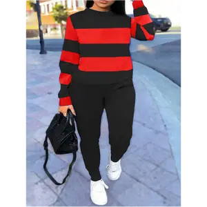 Plus Size Casual Outfits Two Piece Set Women's Plus Colorblock Stripe Print Long Sleeve Round Neck Top & Long Pants Outfits 2pcs Set