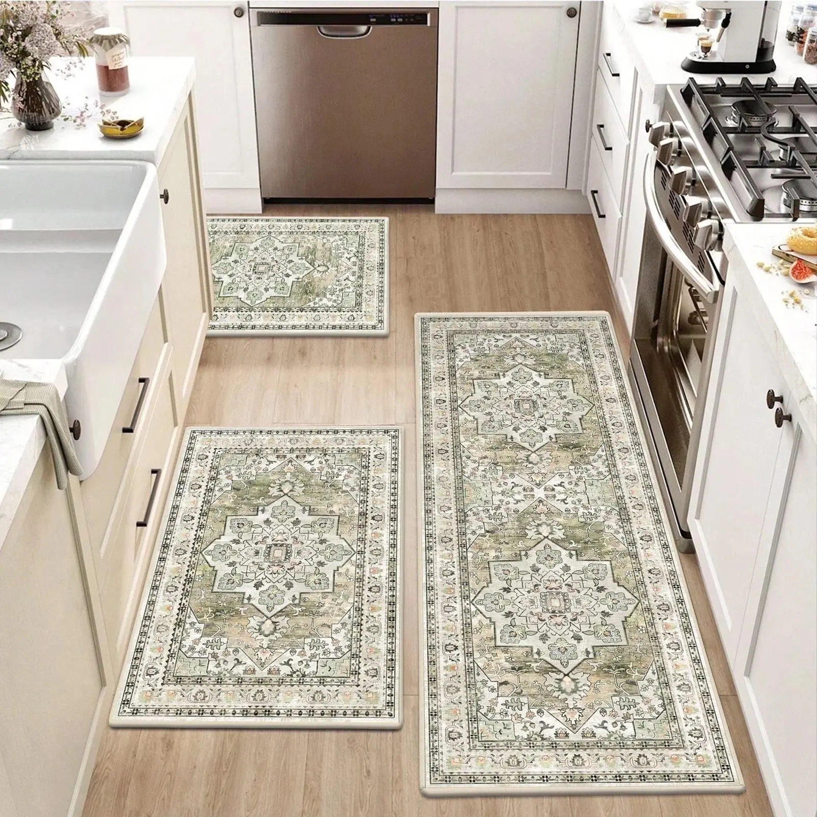 Findosom 3pcs Kitchen Rugs Set,Washable Boho Farmhouse Kitchen Mats for Floor,Non Slip Kitchen Floor Mat Carpet Runner Rugs for Entryway Hallway Laundry Home Decor 20"x32"+20"x32"+20"x47" Green,Thick,Non-Slip,Fluffy