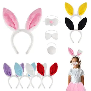 4 Packs Easter Bunny Ears Headband Bow Ties Tail Set, Elastic Adjustable Plush Rabbit Costume Halloween Gift Masks Linen Black