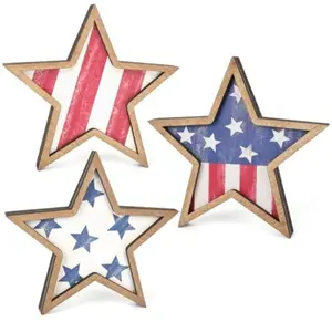 4th of July Decorations Wooden Retro Stars, Patriotic Memorial Day Star Tiered Tray Set of 3, Blue Home Office Decor, Party Atmosphere Props, Holiday Decor
