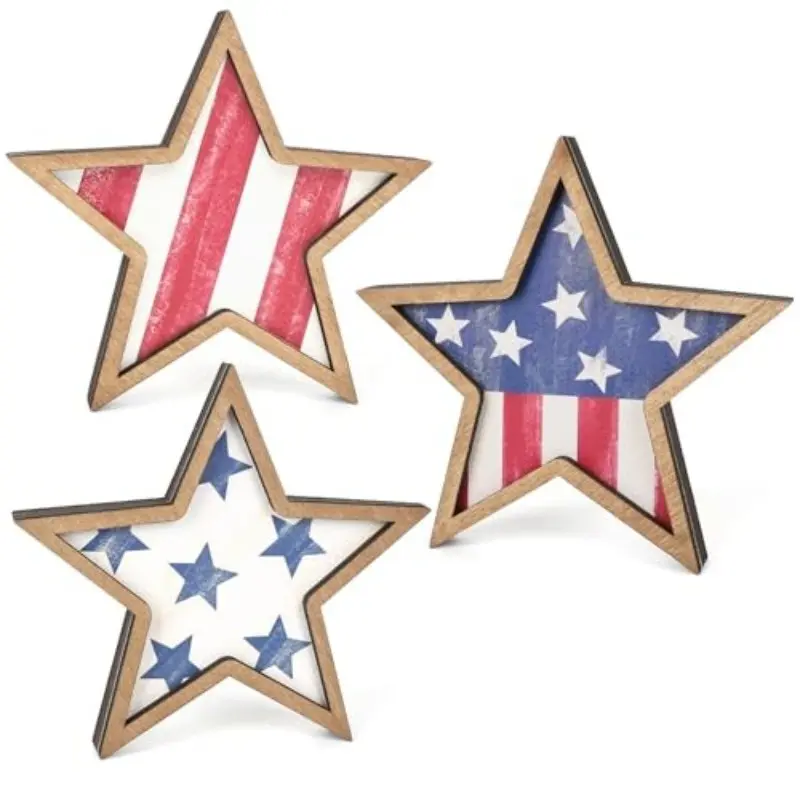 4th of July Decorations Wooden Retro Stars Ornament, Patriotic Memorial Day Star Tiered Tray Set of 3, Blue Home Office Decor, Home Centerpieces