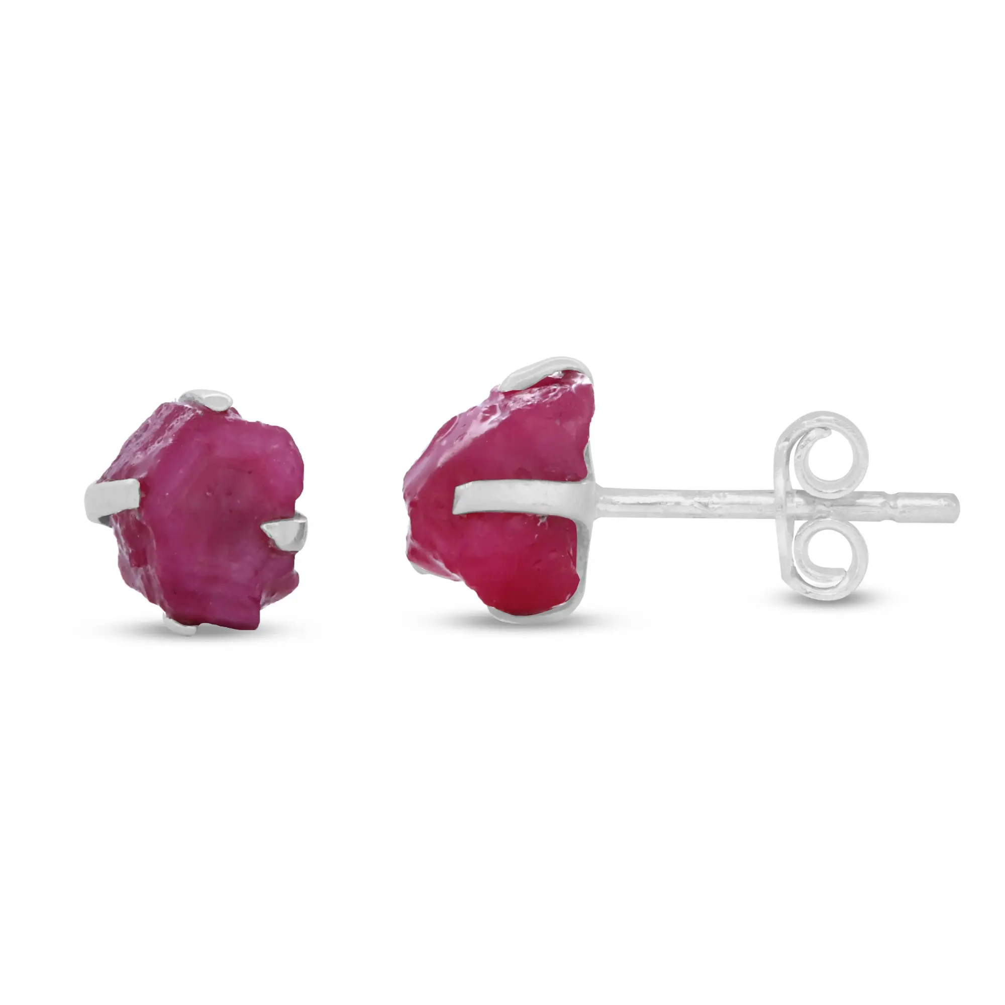 Ruby Raw Natural Earrings in Prong Stud Setting - Sterling Silver
