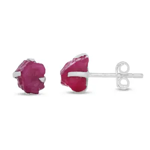 Ruby Raw Natural Earrings in Prong Stud Setting - Sterling Silver