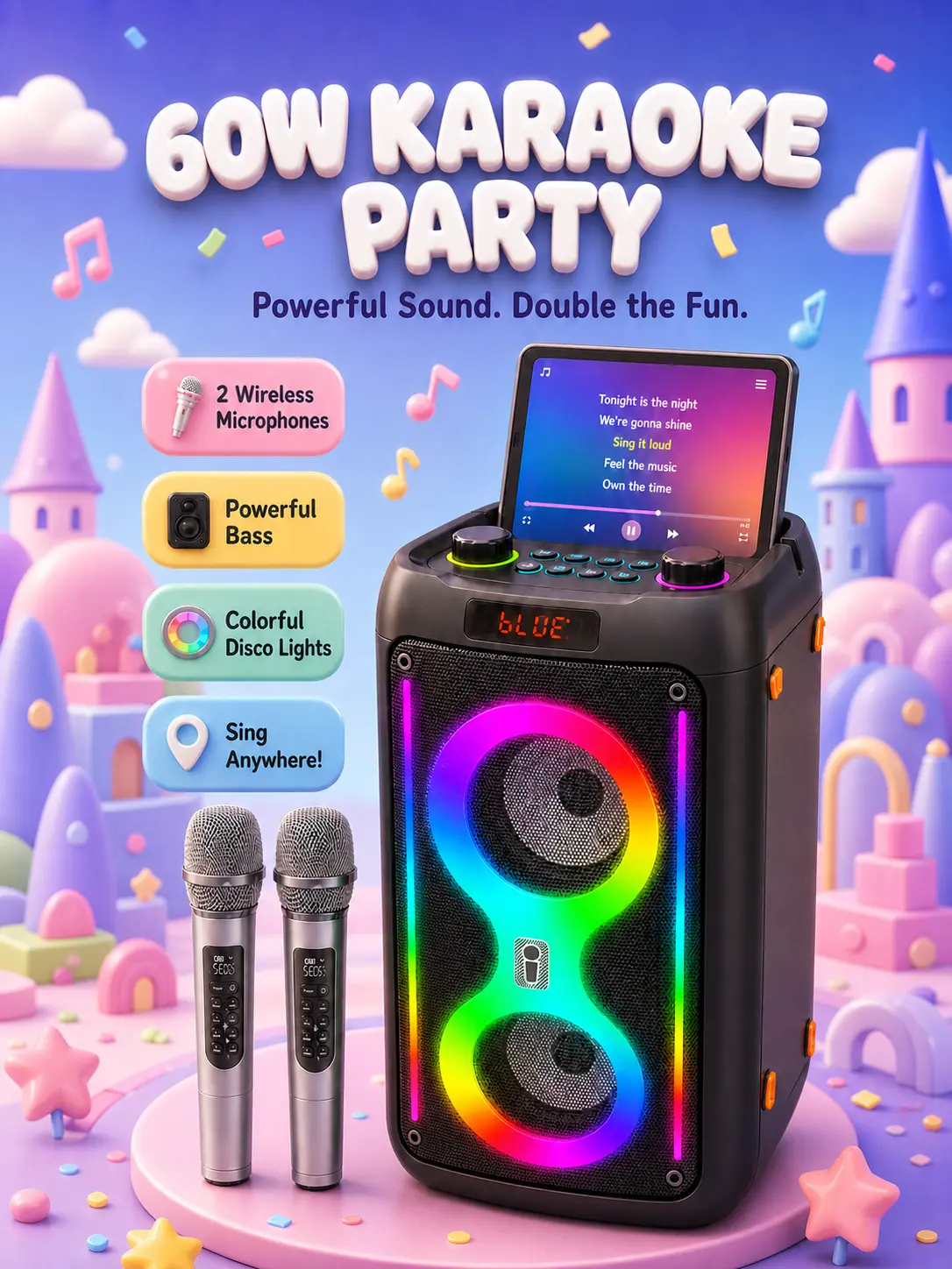 Carra KO K71 Karaoke Machine Portable Bluetooth Speaker with 2 Wireless Microphones PA System Disco Lights for Big Party Outdoor Use Supports USB TF REC AUX Ideal Gift for Family Music Lovers