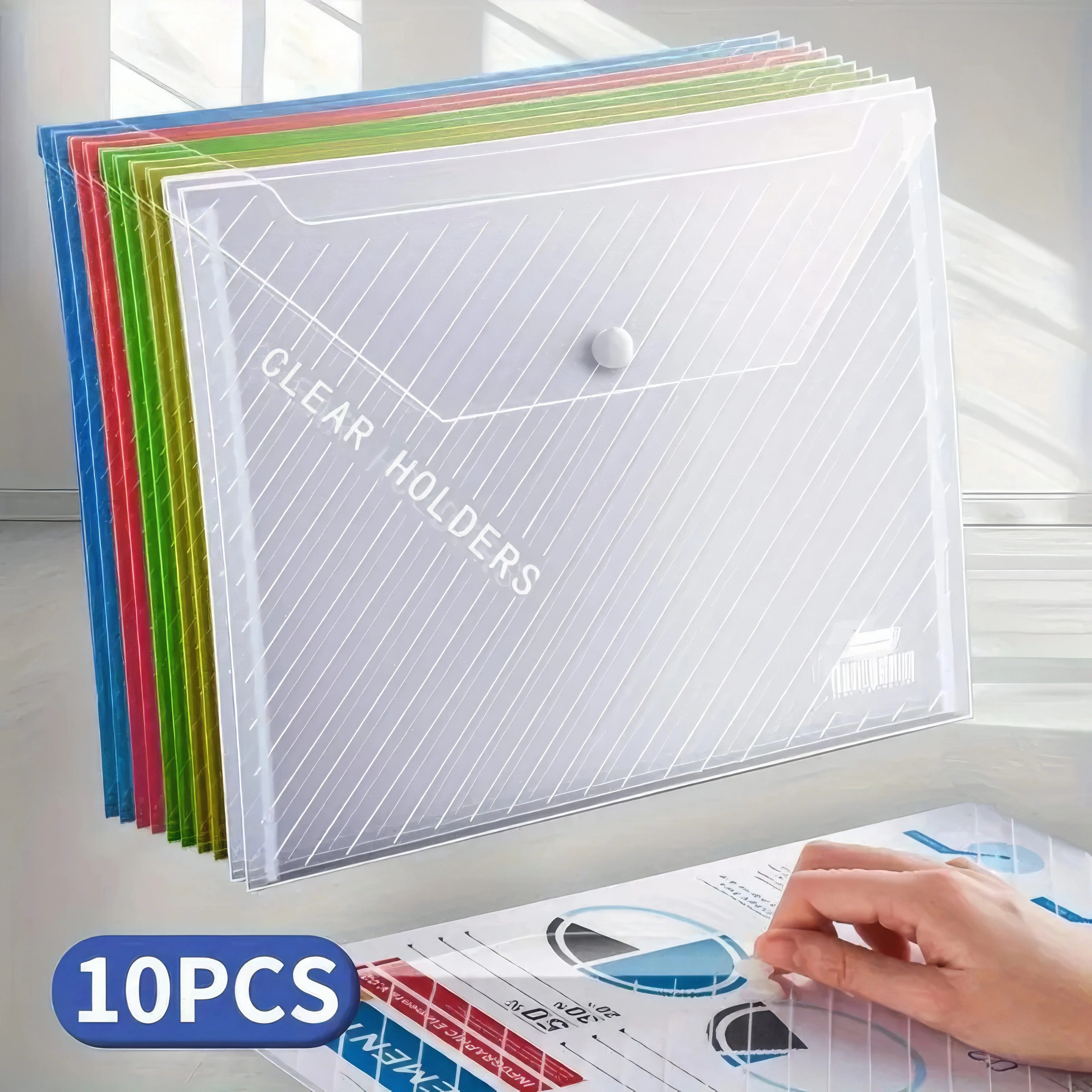 Mixed Colors Foldable Document Bags, 10 Pieces Bulk Pack, Expandable A4 File Folders, Waterproof Tear-Resistant Material, Secure Snap Closure, Portable Filing Organizer, Ideal for Office Supplies School Homework Travel Documents