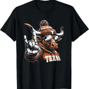 Cool Texas Longhorn T-Shirt For Men – 100% Cotton Funny Bull Rock Hand Graphic Tee With Sunglasses & Beanie