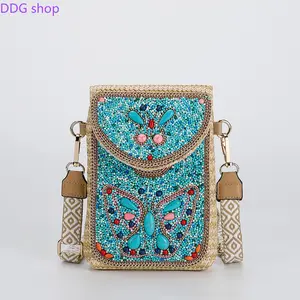 Woven Crossbody Bag Fashion Beaded Shoulder Purse Elegant Handmade Weaving Ladies Daily Phone Bag Stylish Casual Sling Bag for Summer Vacation Beach Shopping Travel Outdoor Dating