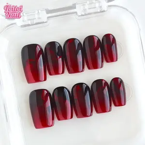 Wine Marble Handmade Press-On Nails | Short Square Shape, 10pcs | Luxury Vintage Wine Marble Design | Black Base & Burgundy Swirl Texture & High Gloss Accents | Reusable DIY Nail Kit for Women | Trendy Nails for Spring, Summer, Dates & Daily Wear