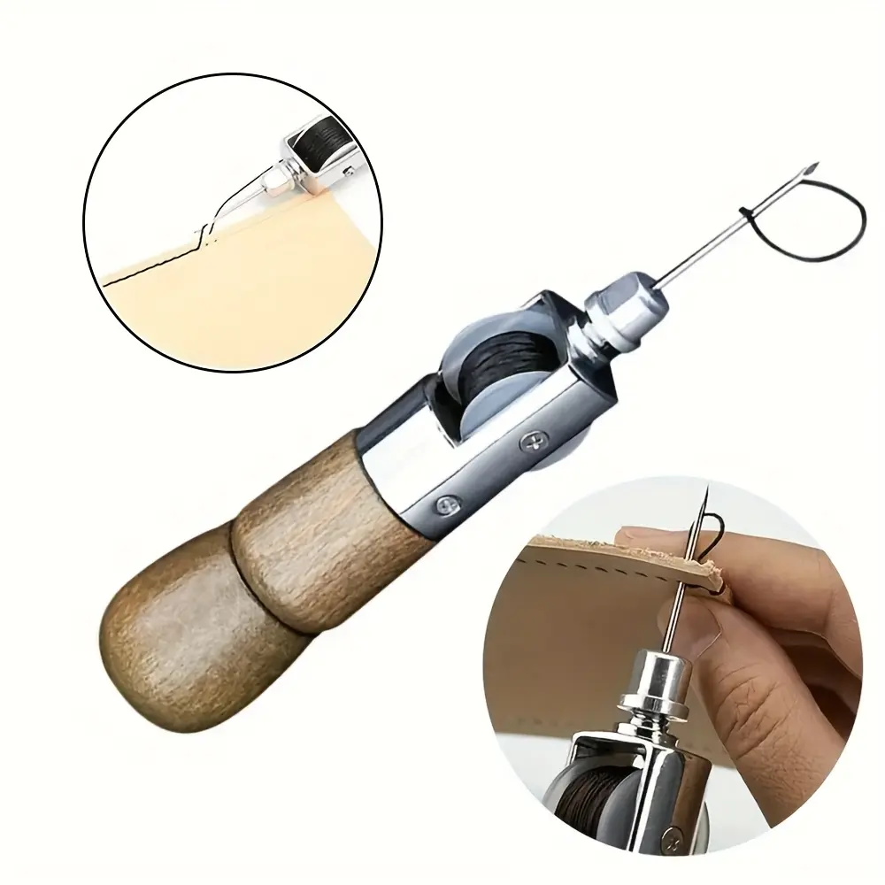 Faux Leather Sewing Awl Kit Speedy Stitcher Hand Sewing Tool with Wood Handle Stainless Steel Needle for Leather Repair Canvas Upholstery Shoe Repair Craft DIY Stitching Tool 1 Set Durable Manual Sewing Kit