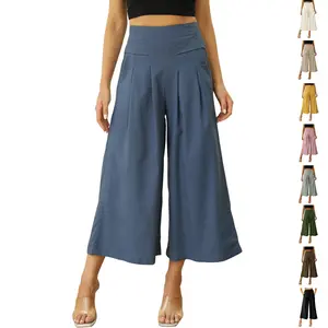 Tanming Women's Cotton Linen Culottes Pants Elastic Waist Wide Leg Palazzo Trousers Capri Pants with Pockets
