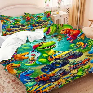 2/3Pcs Dinosaur World Art Print Duvet Cover Set, Featuring A Fun Jurassic Design, Soft and Durable Fabric, Suitable for All Seasons, and A Playful Bedroom/Dormitory Bedding Set.