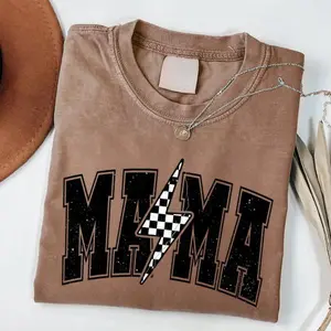t shirts women Mama Lightning Bolt T-shirt, Mama Tee, Mama Shirt, Mom Life Graphic Tee, Retro Mama Tee, Mama Sublimation Shirt Fit Casual Everyday Crewneck Checkered Top