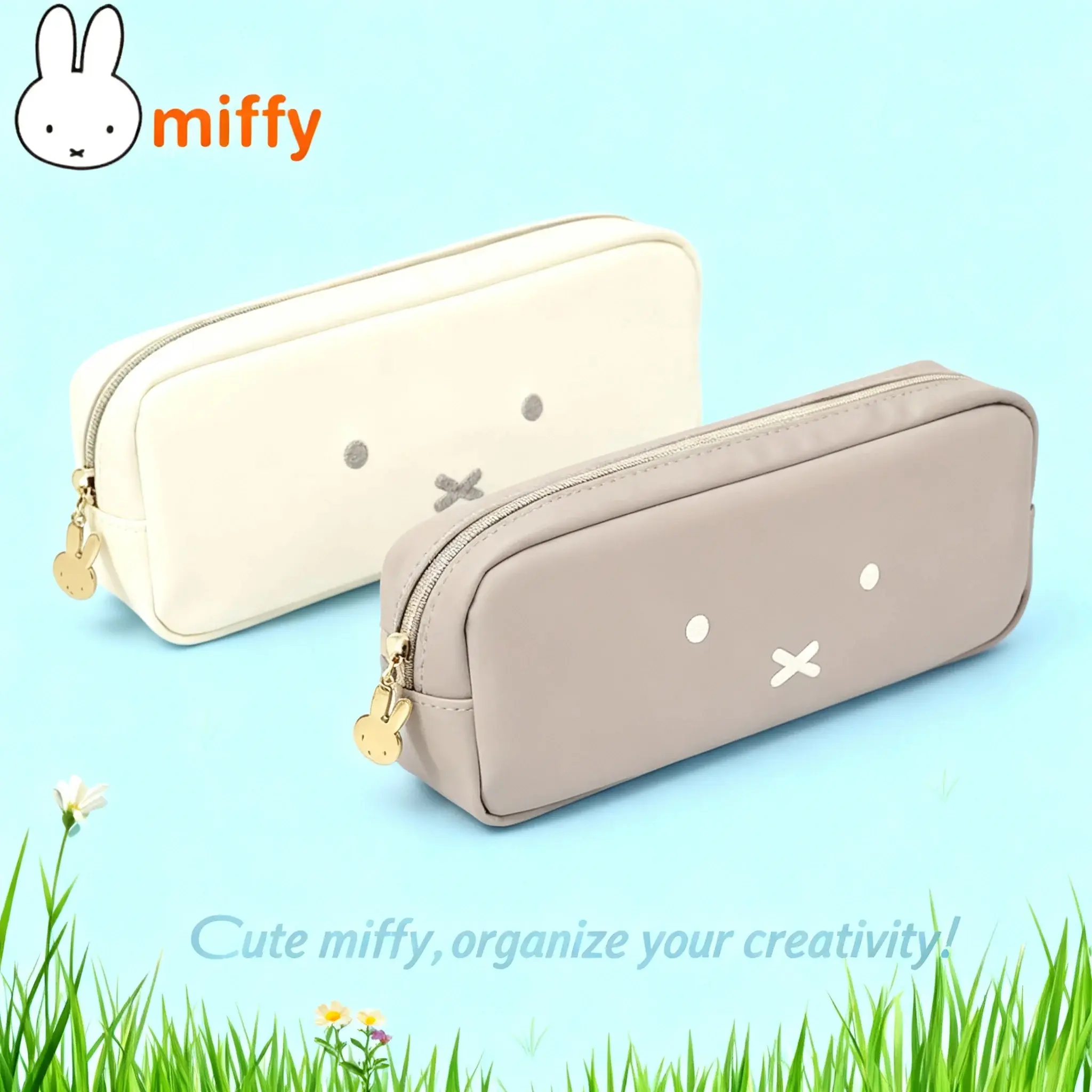 Cute Miffy Kawaii Leather Pencil Box Zipper Embroidery Cartoon Rabbit Portable Waterproof Cosmetic Storage Bag Girl Gift