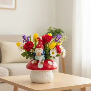 Resin Garden Decorative Pot with Dwarf Sitting on Mushroom, Indoor Plant Container, Home Decoration Gift, Unique Craftsmanship