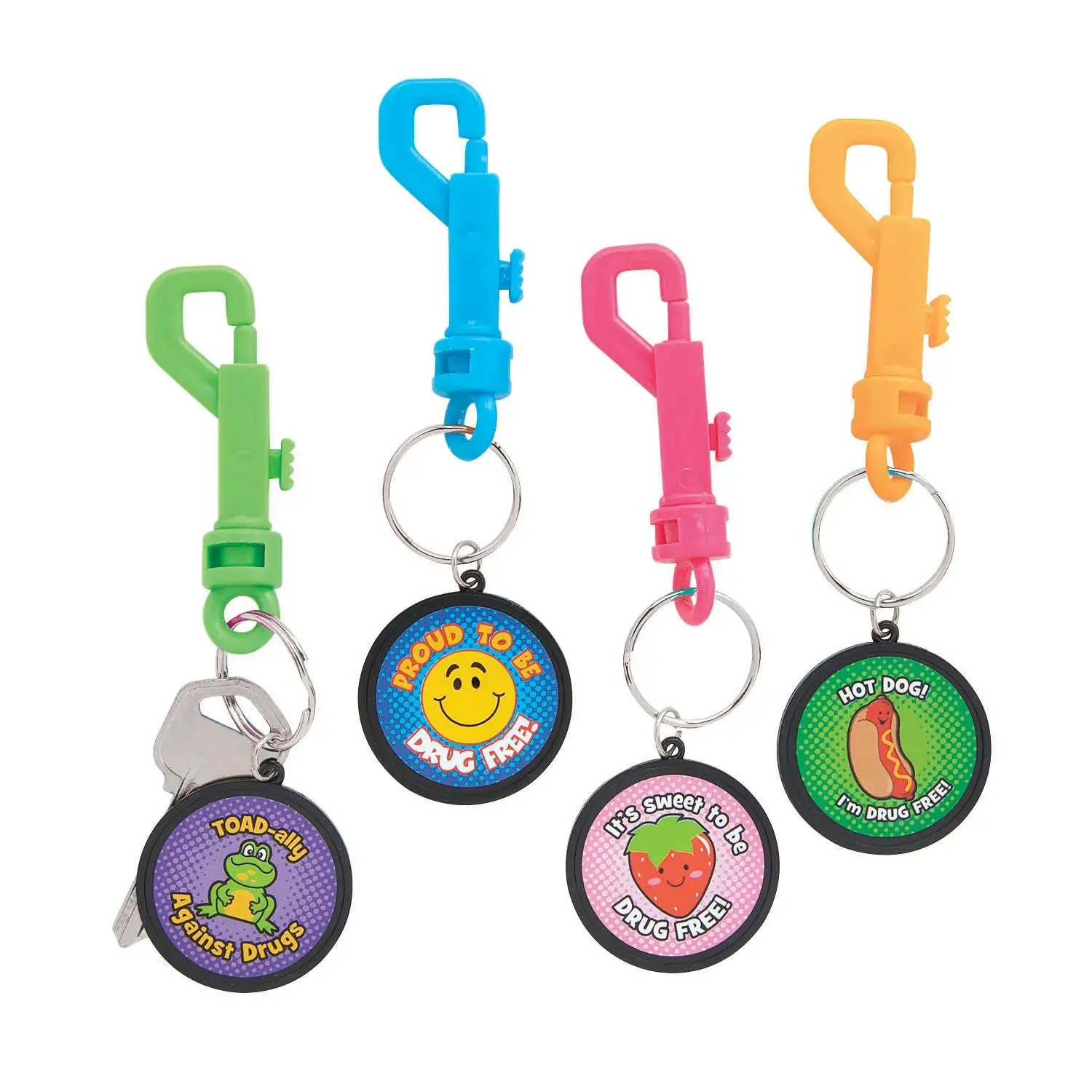 12-Pc. Plastic Strawberry Illustration Cartoon Keychain Set - Drug-Free Backpack Clip, Red Ribbon Week Promo Collectible, 1.5" on 1" Metal Ring, Cartoon Key Chains