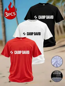 3-Pack Camp David Letter Print T-Shirts, Men's Summer Breathable Round Neck Short Sleeve, Casual Slim-Fit Top, All-Season Wear