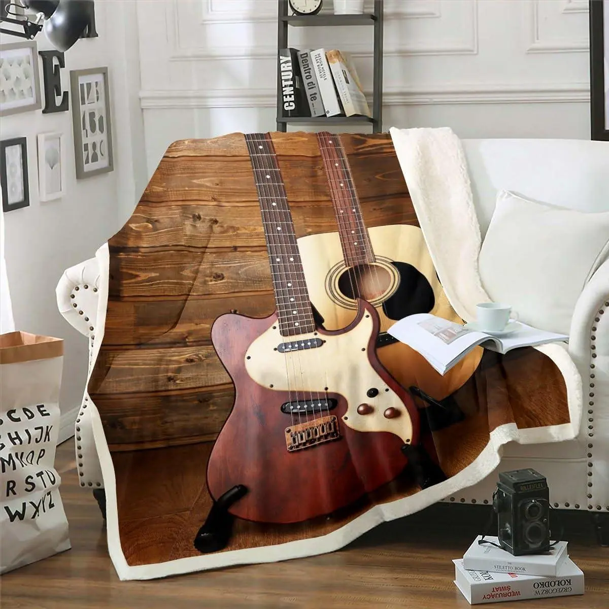 Electric Guitar Throw Blanket - Vintage Wooden Stripe Sherpa Fleece Blanket for Bed,Retro Farm Style Fuzzy Musician Room Decor